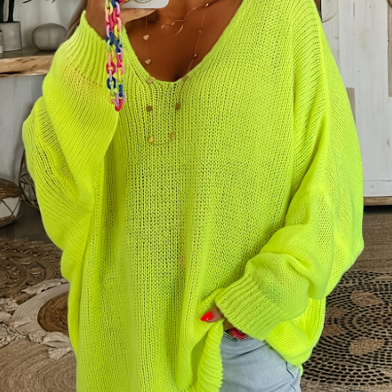 Plus Size Women's V-Neck Sweater Soft Warm Knit Bright Yellow Fall Winter