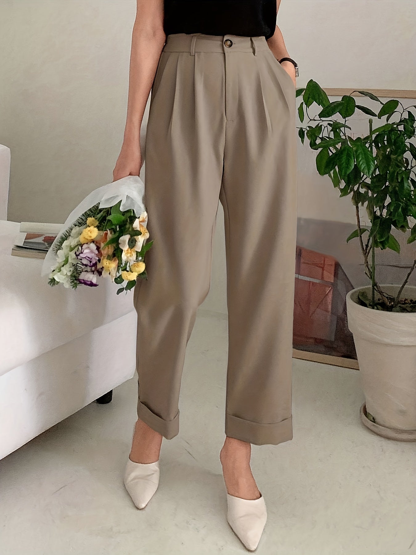 Pantalones de traje de pierna ancha para mujer con bolsillos inclinados, color sólido, casual, para todas las estaciones