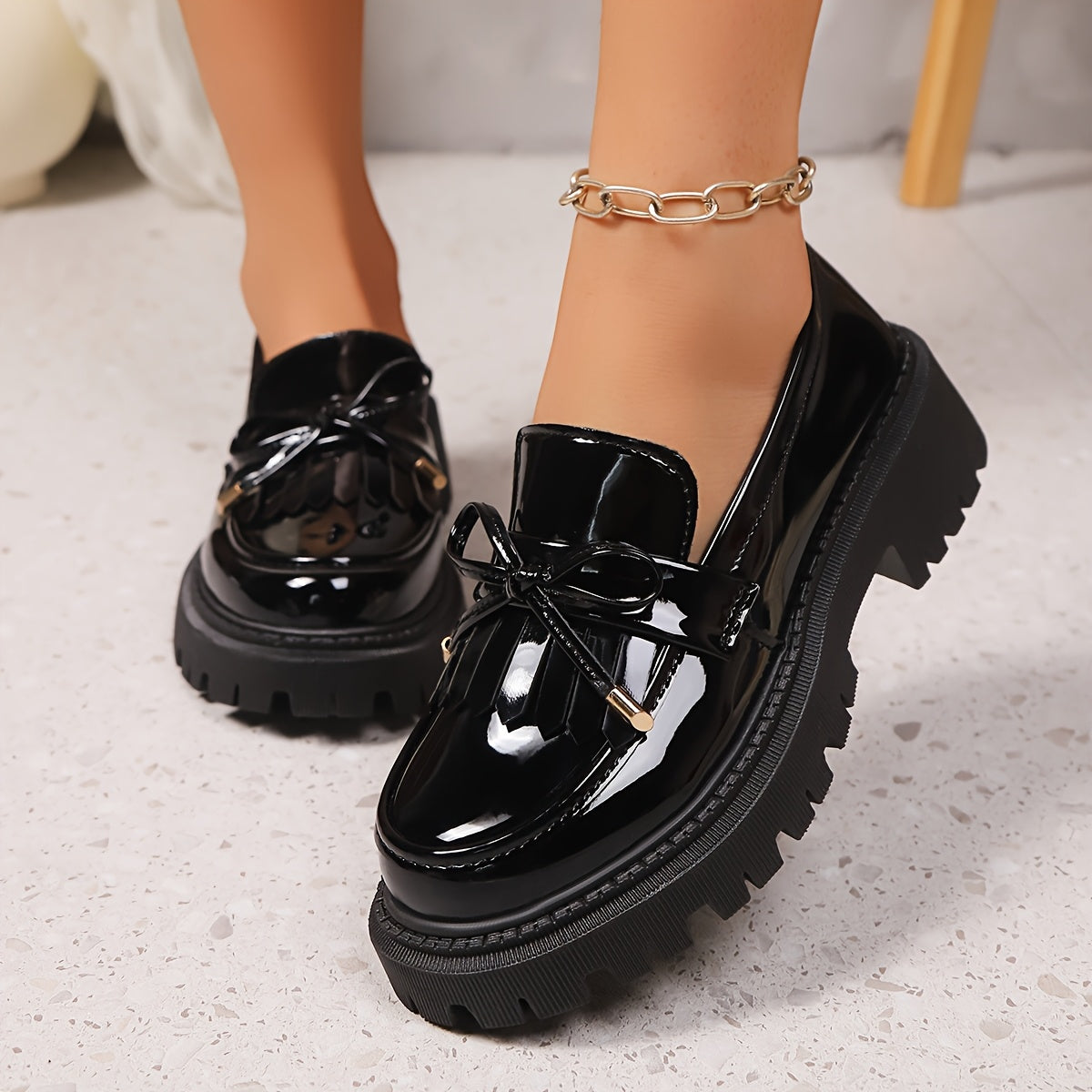 Women Slip-On Loafers with Thick Platform Sole Black Bow Casual Shoes
