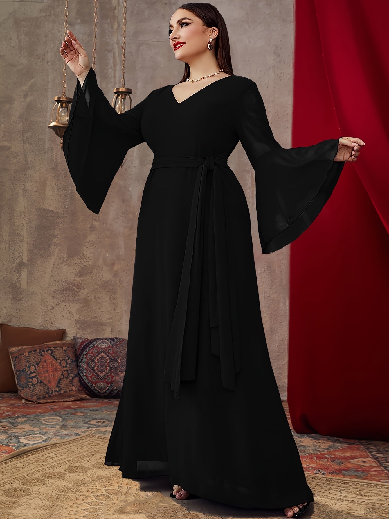 Women Chiffon V-Neck Dress with Belt for Formal Events Plus Size