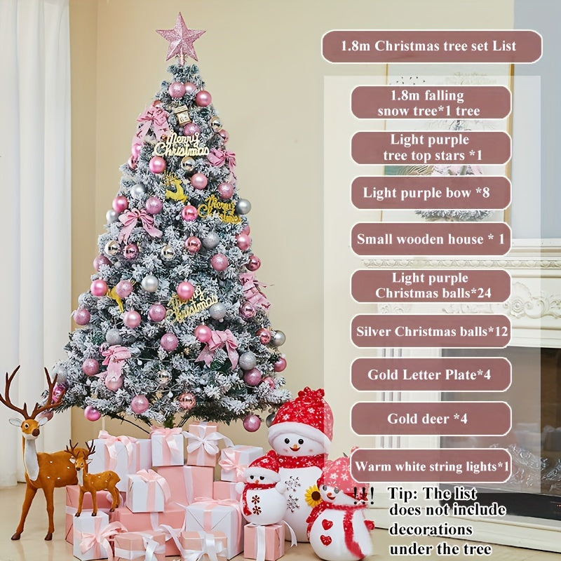 Lifelike Snow-Sprayed Christmas Tree Set with Ornaments Top Star and Letter Signs White Pink