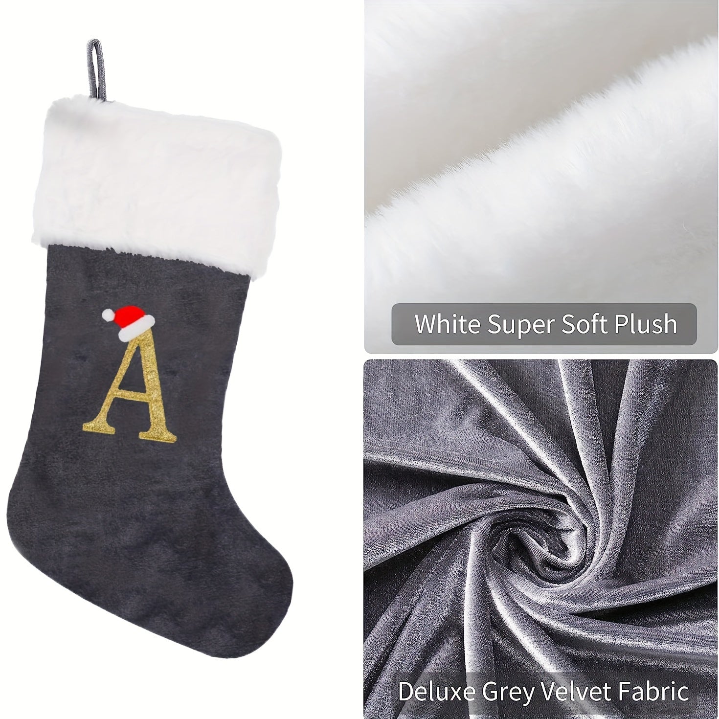Christmas Stocking Grey and White Flannel Embroidered Home 43cm Feather-Free