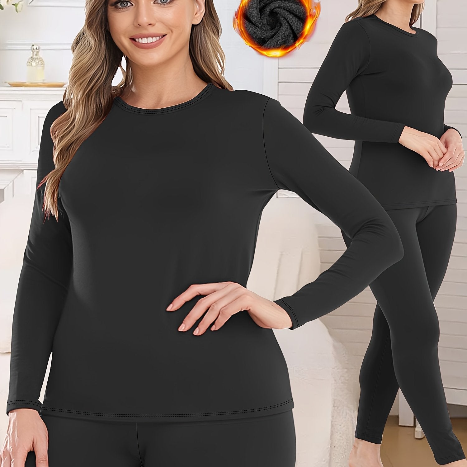 Women's Plus Size Thermal Lined Long Sleeve Base Layer Set Solid Color