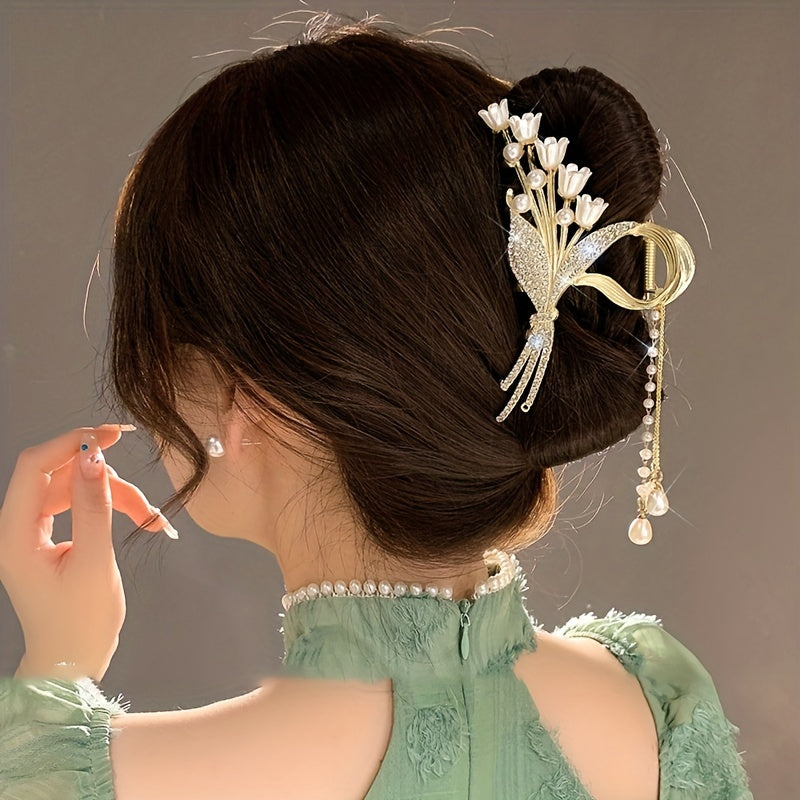Elegant Gold Alloy Hair Claw with Faux Pearls Rhinestones and Tassel for Women