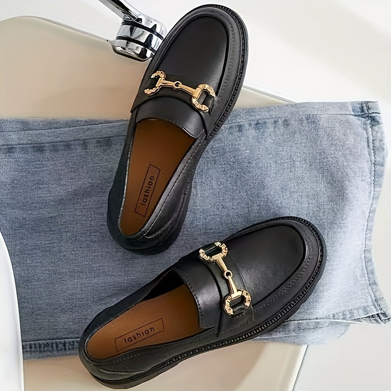 Women's Black Leather Loafers Slip-On Shoes with Metal Buckle