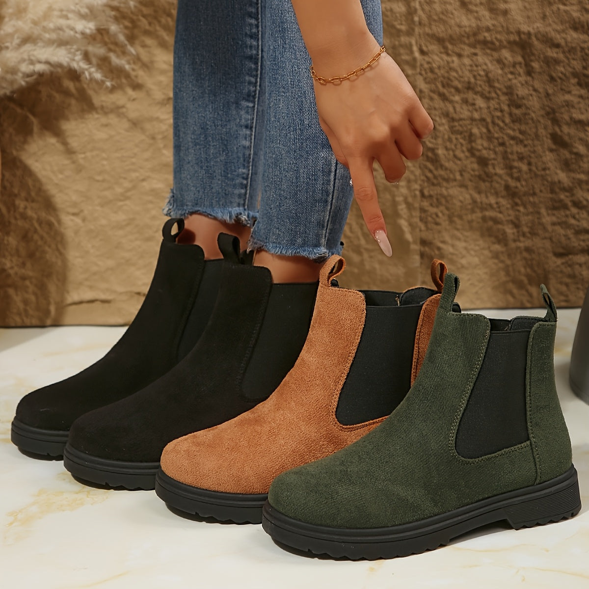 Women's Velvet Short Boots Black Green Brown Flared Casual Hiking Shoes