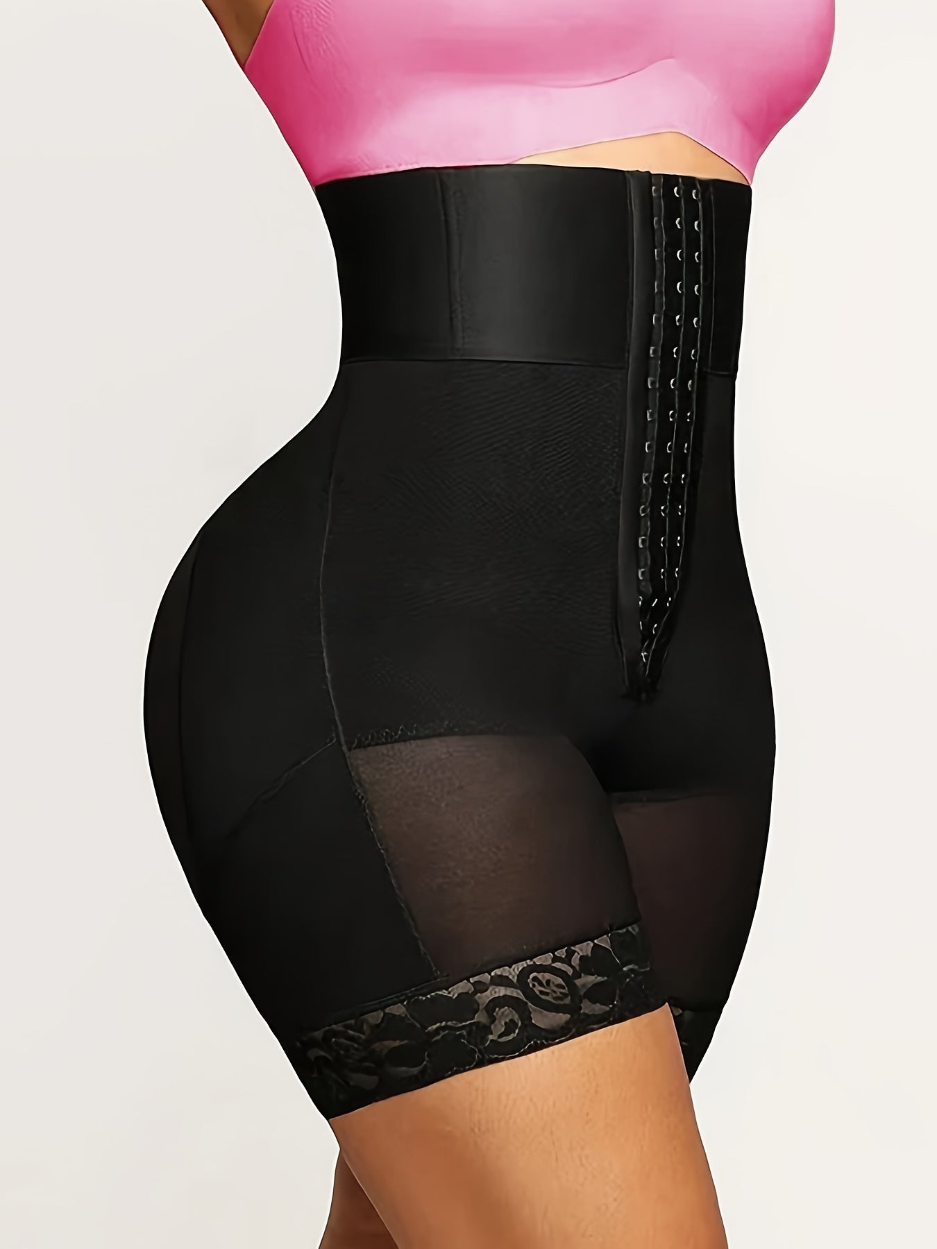 High Waist Shapewear Shorts Solid Color with Contrast Lace Adjustable Waist Nylon Spandex
