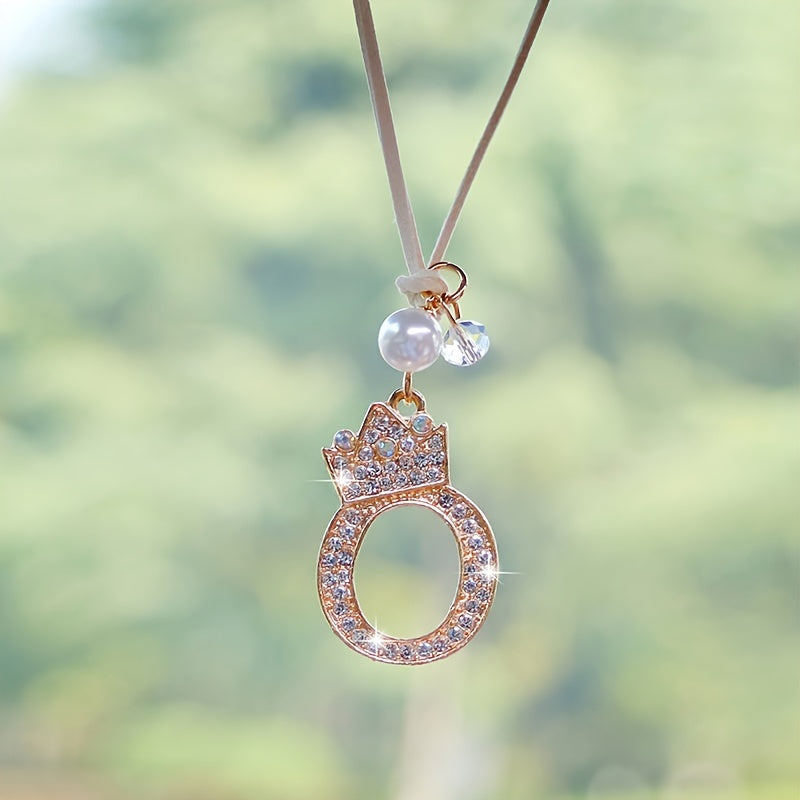 Alphabet Car Mirror Charm Set with Sparkling Crown Pendants for Vehicle Decoration