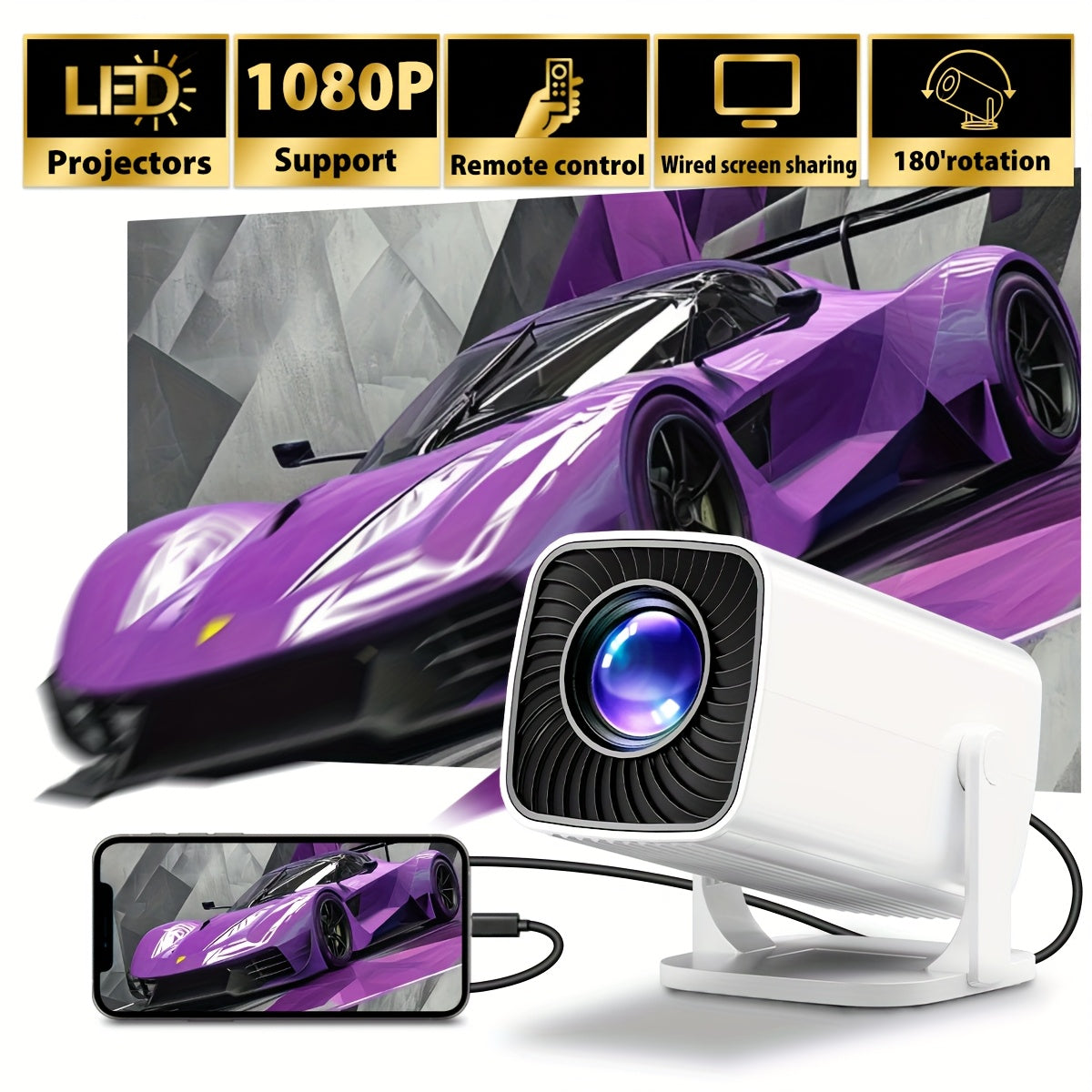 Portable 1080P Projector with 180° Adjustable Angle for Indoor Outdoor Use