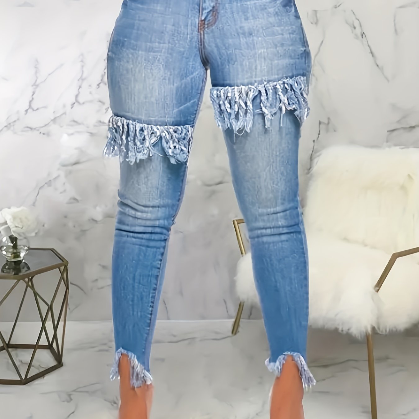 Women's Oversized Blue Ruffled Jeans Women Denim Casual Pants
