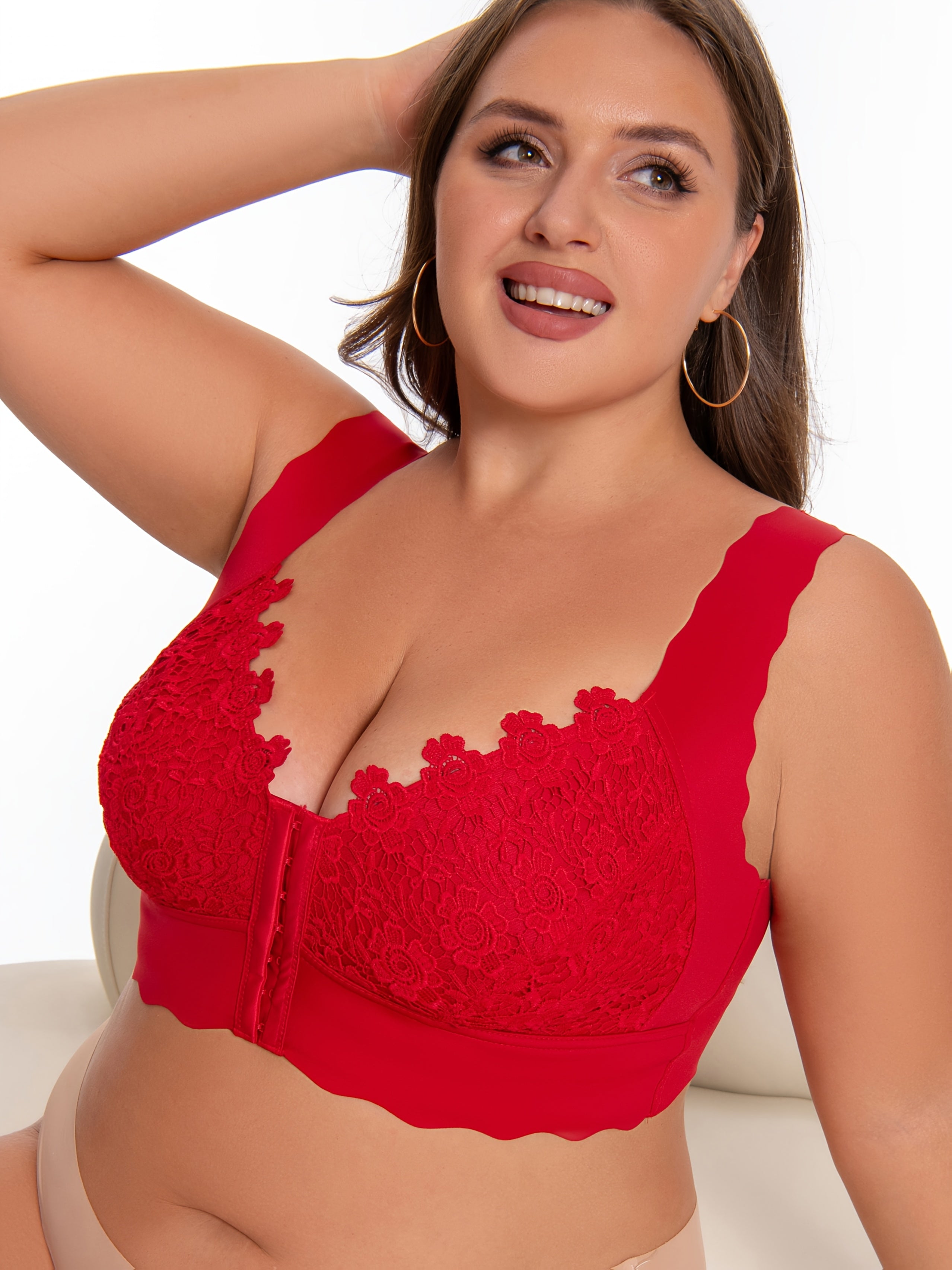 Plus Size Wireless Lace Bra for Women Solid Color High Stretch Knit Fabric