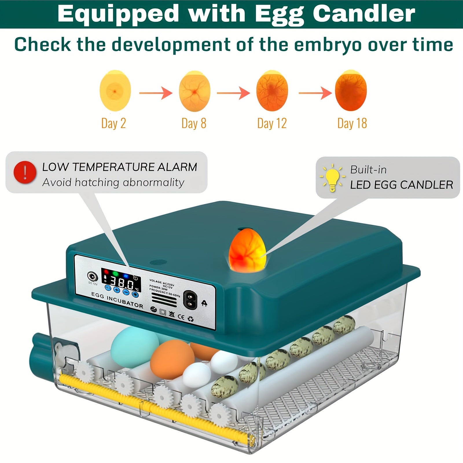 Avtomatik tuxum inkubatorlari 12-16 tuxumni saqlaydi, avtomatik aylantirish, suv to'ldirish, LED displey, ichki foydalanish uchun