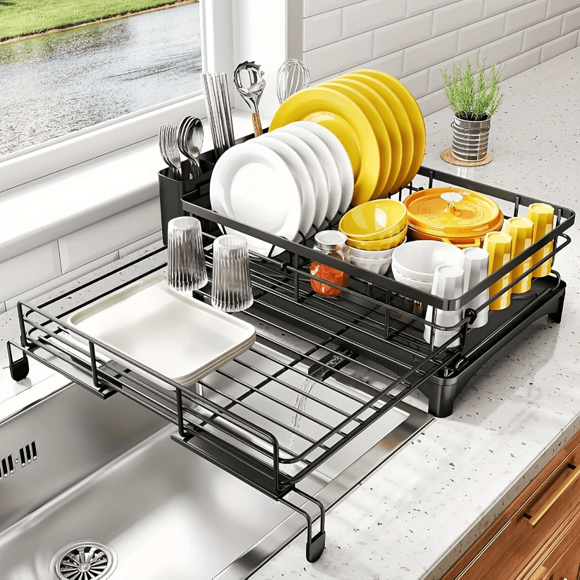 Stainless Steel Dish Drying Rack with Utensil Holder Adjustable Drain Spout Space-Saving Black Kitchen Sink Organizer