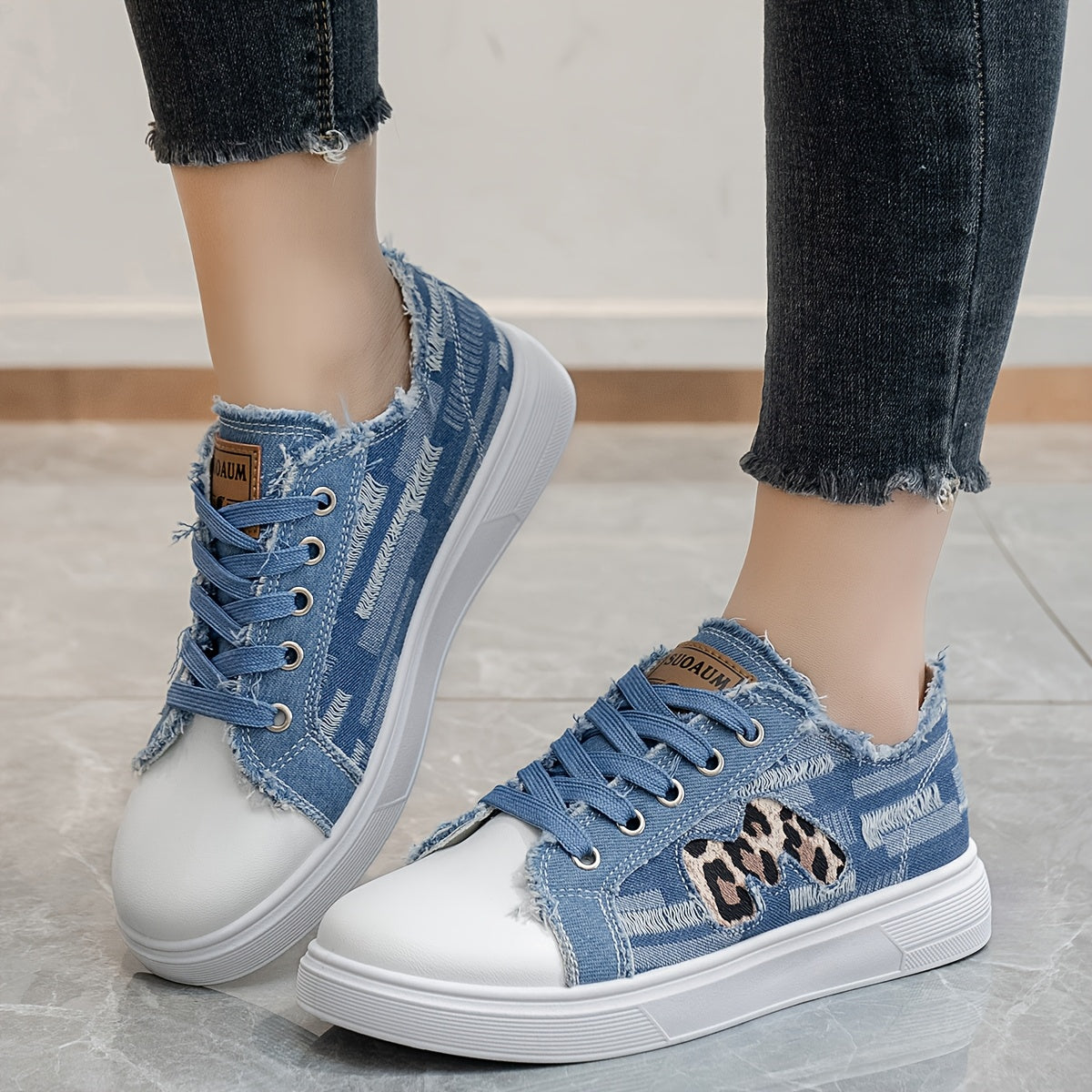 Women's Faux Denim Sneakers with Leopard Print, Breathable Fabric, All-Season Comfort