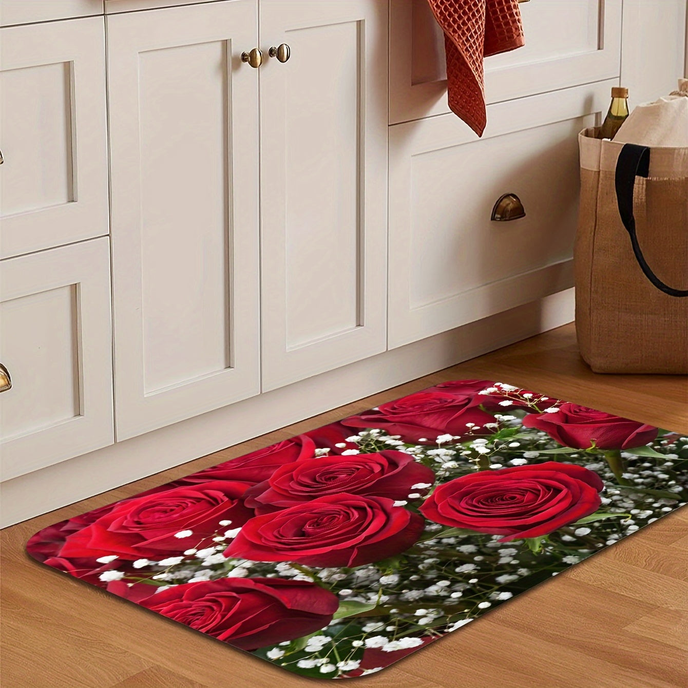 Soft Premium Rose Flower Kitchen Mat Anti-Fatigue Polyester Entryway Bedroom Living Room