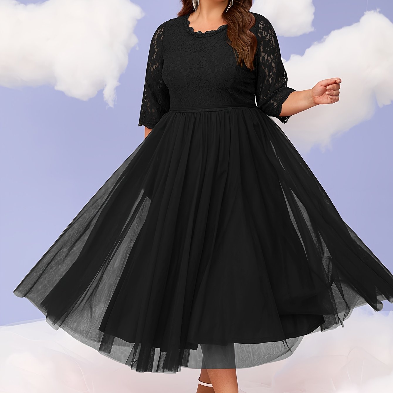 Plus Size Women's Black Lace Evening Gown Formal Party Dress Flared Hem