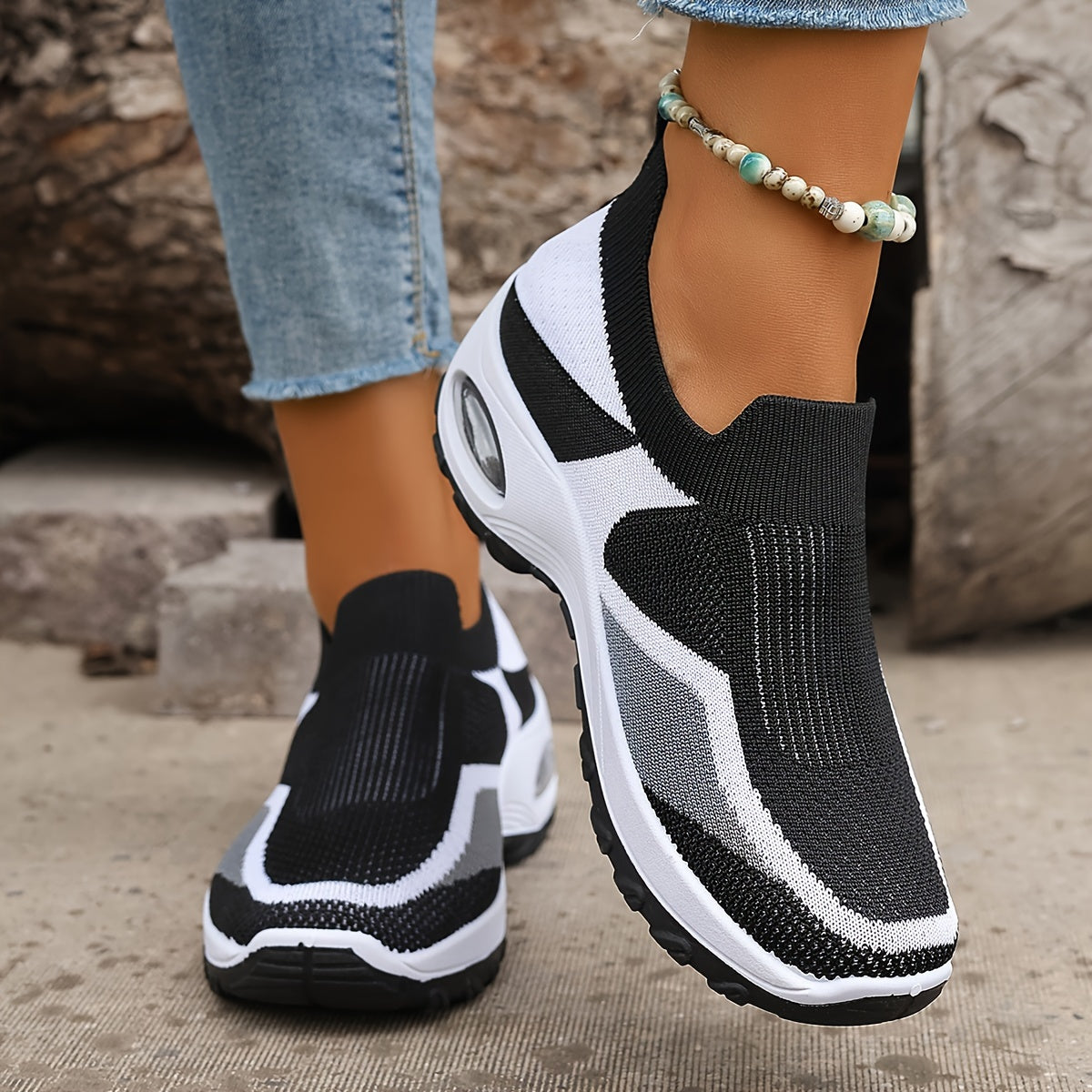 Ayollar uchun nafas oladigan to'qilgan chunky sneakers, kundalik slip-on sport poyafzallari