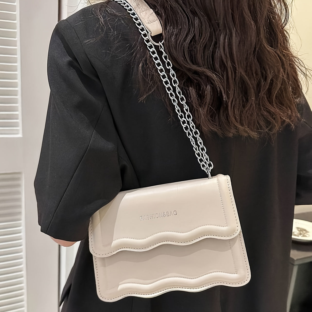 Small Square PU Crossbody Bag with Scallop Detail and Chain Shoulder Strap