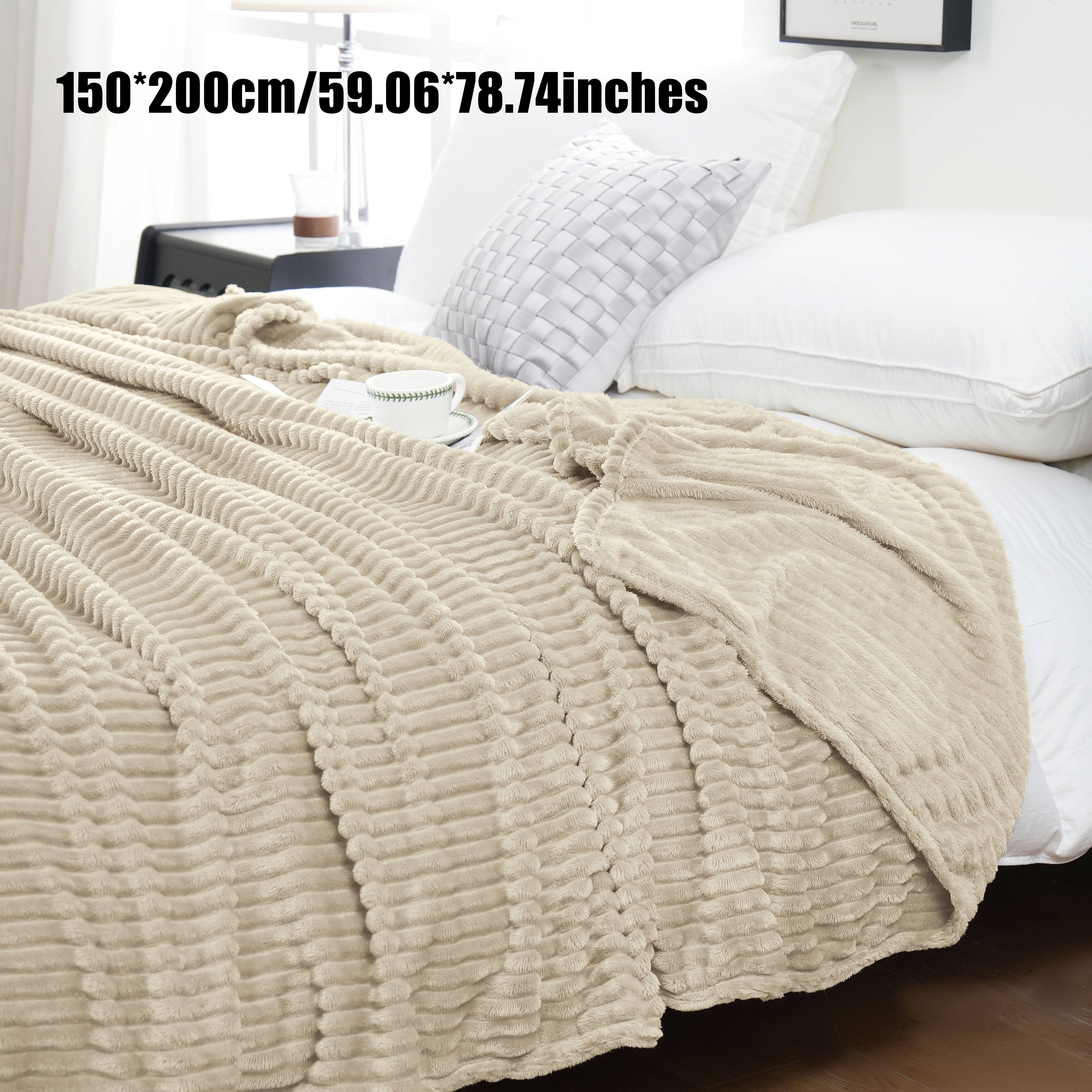 Flannel Throw Blanket 220GSM Ribbed Soft Warm All-Season Bed Sofa Office White Gray Black Beige