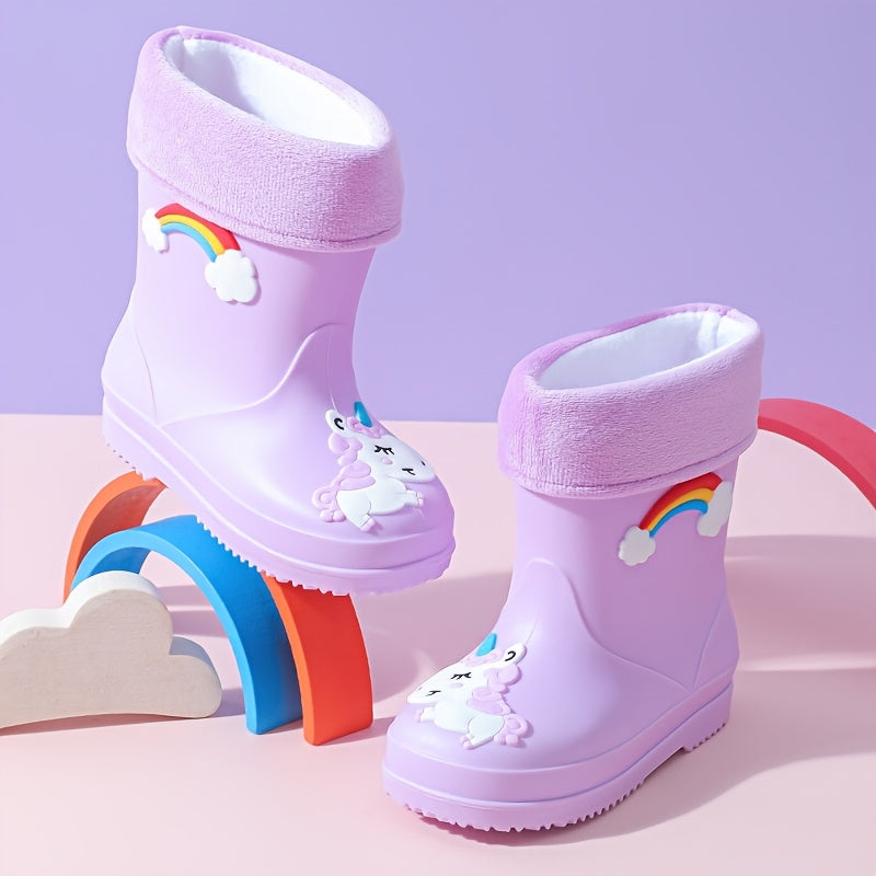 Kids' Rain Boots Unicorn Rainbow Plush Fleece Short PVC Slip-On Outdoor All-Season
