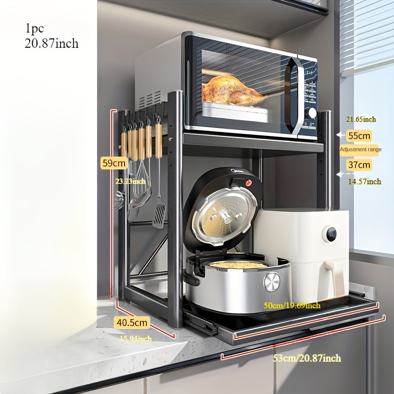 Soporte de microondas de metal con cajón y estantería abierta para almacenamiento en la cocina