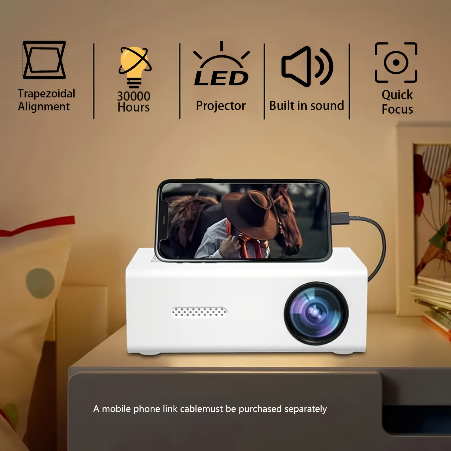 Mini Portable Projector 1080P Native Resolution 320P with Curtain Stand for Home Theater and Family Use