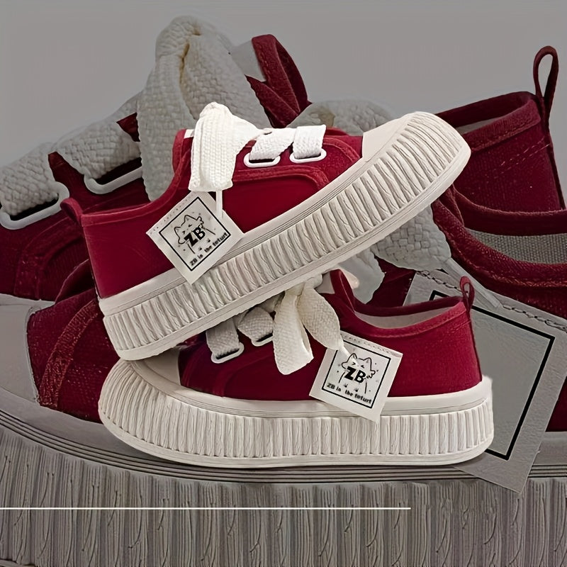Women's Red and White Canvas Sneakers with Rubber Sole and Breathable Fabric