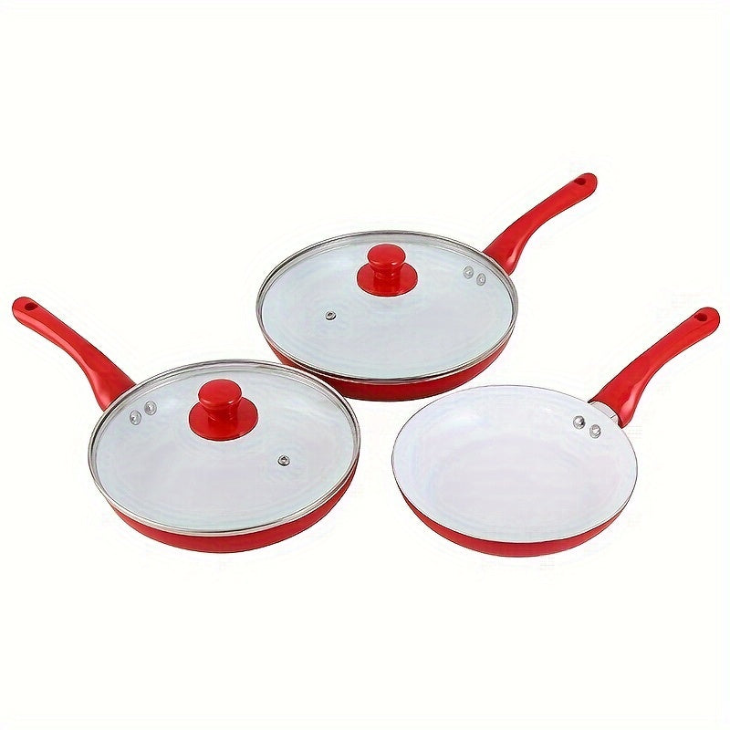 6-piece non-stick frying pan set with glass lid oven safe for clay pot dishes red