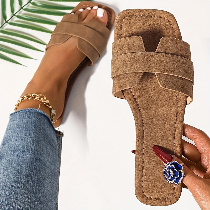 Women's Brown Slide Sandals with Gold Chain Ankle Strap, Open Toe