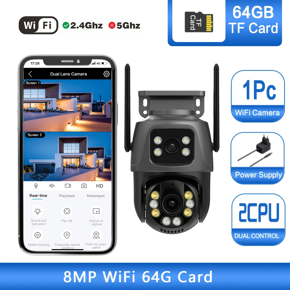 ANSCHIAT Tashqi Xavfsizlik Kamerasi 2 ta juft 4MP linzalari, WiFi ulanishi, harakatni aniqlash, 360° aylanish, ikki tomonlama aloqa, to'liq rangli tungi ko'rish va saqlash mosligi bilan. Yevropa Ittifoqi