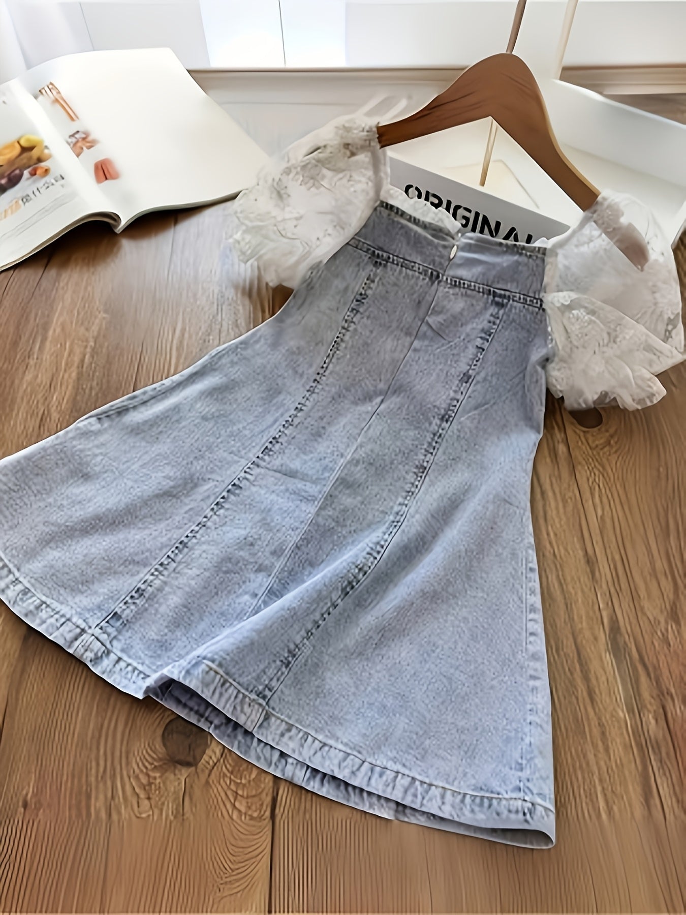 Girls Denim Skirt with Pearl Decor A-line Long Length Spring Fall Children