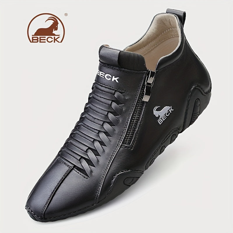 Men's Casual Leather Shoes with Non-Slip Rubber Sole and Zipper Closure