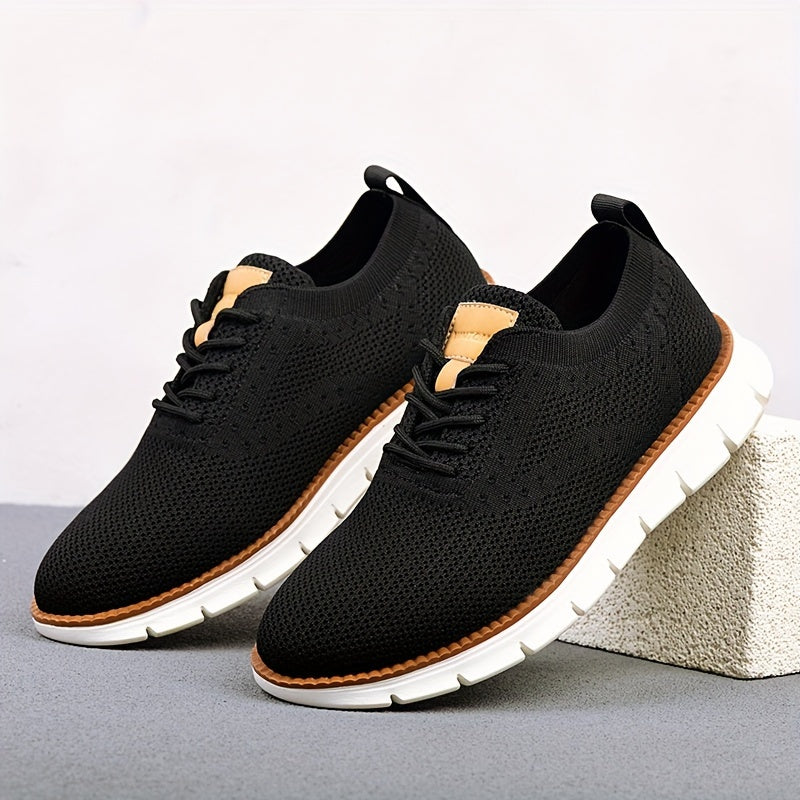 Men's Breathable Knit Business Casual Shoes Beige Brown Leather Upper EVA Sole Round Toe All-Season