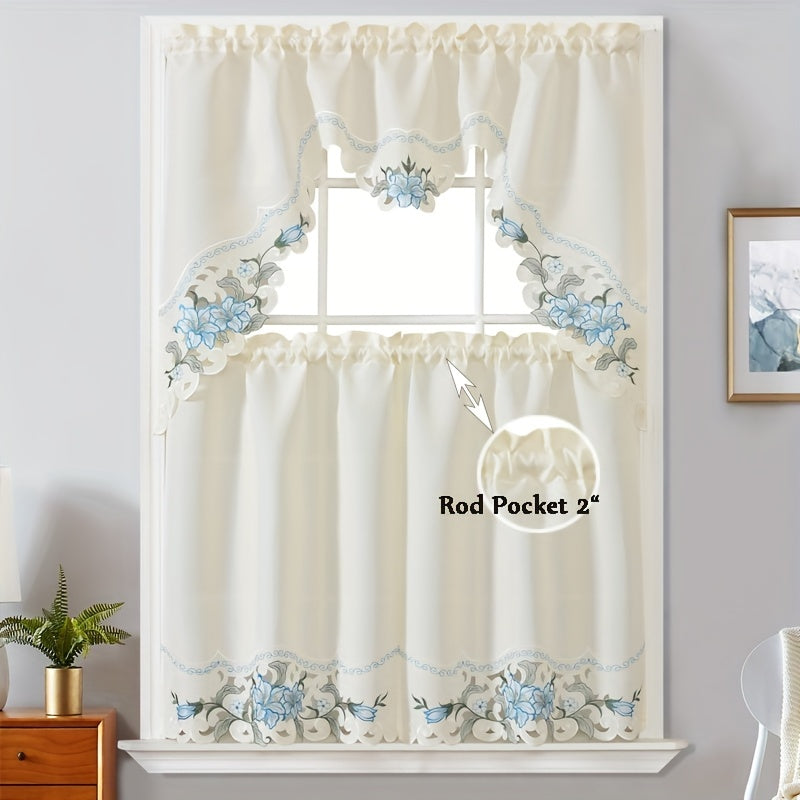3-Piece Beige Floral Embroidered Polyester Window Curtains for Bedroom Living Room Kitchen