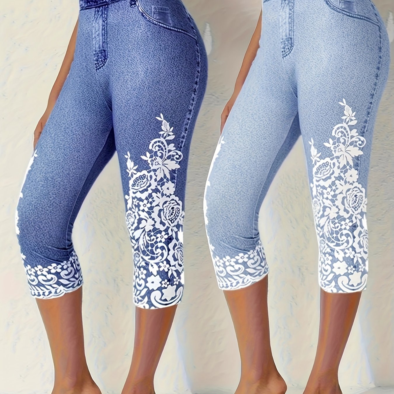 Women's Plus Size Denim Printed Capri Pants Two-Piece Set