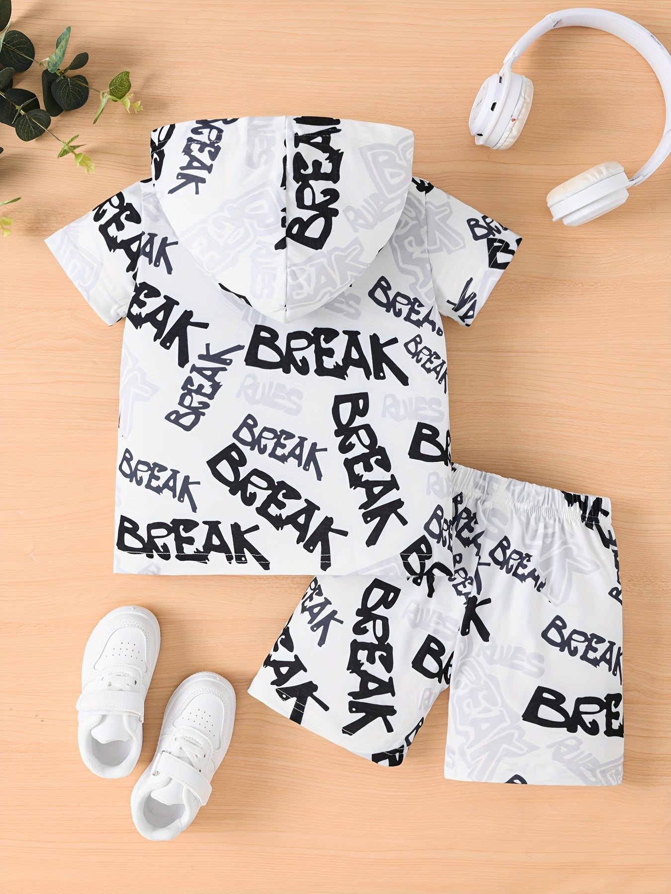 Boys Casual Two-Piece Set Hooded T-Shirt and Shorts Alphabet Print Spring Summer