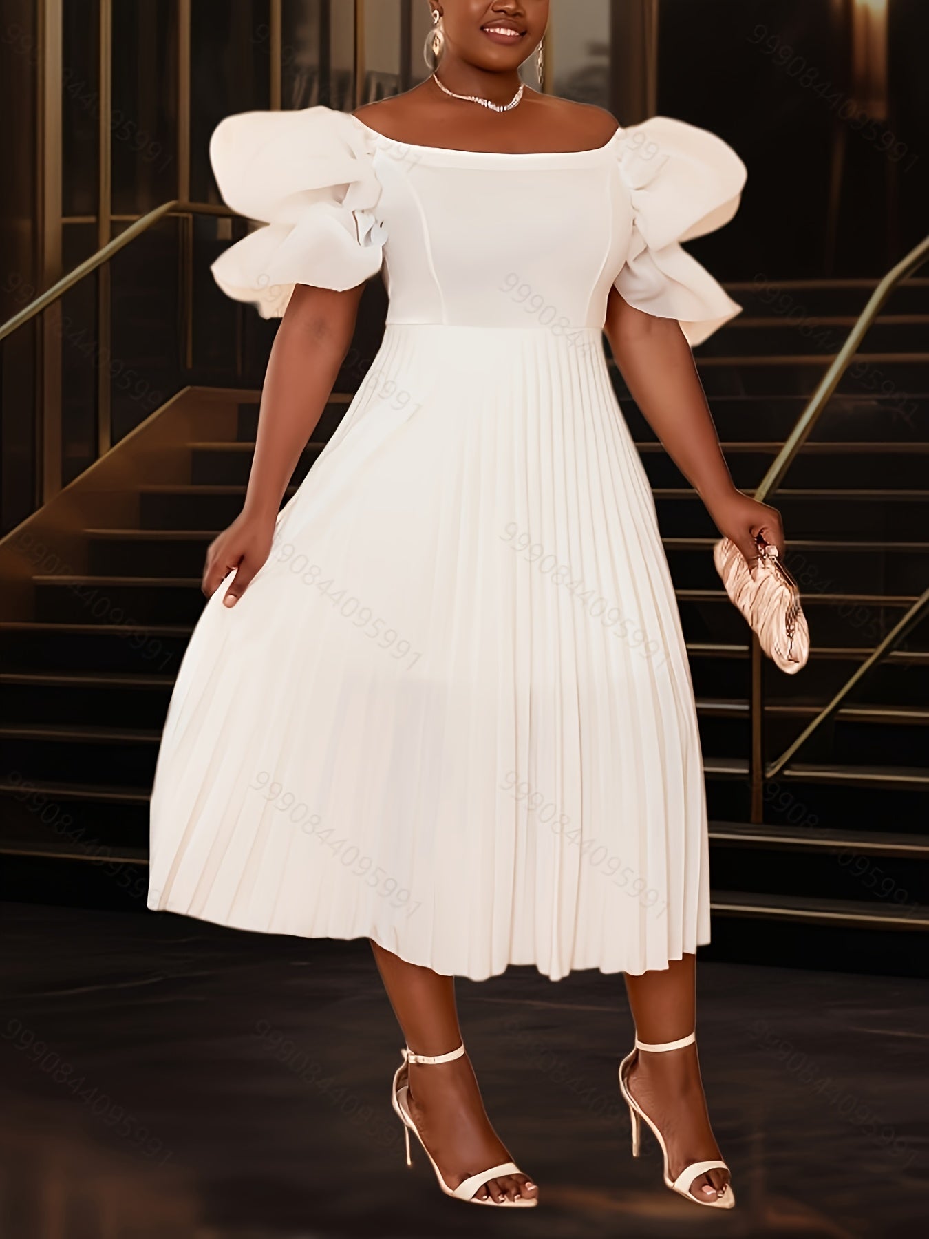 Plus Size Women's Off-the-Shoulder Wedding Dress with Princess Sleeves White Midi Flared Skirt