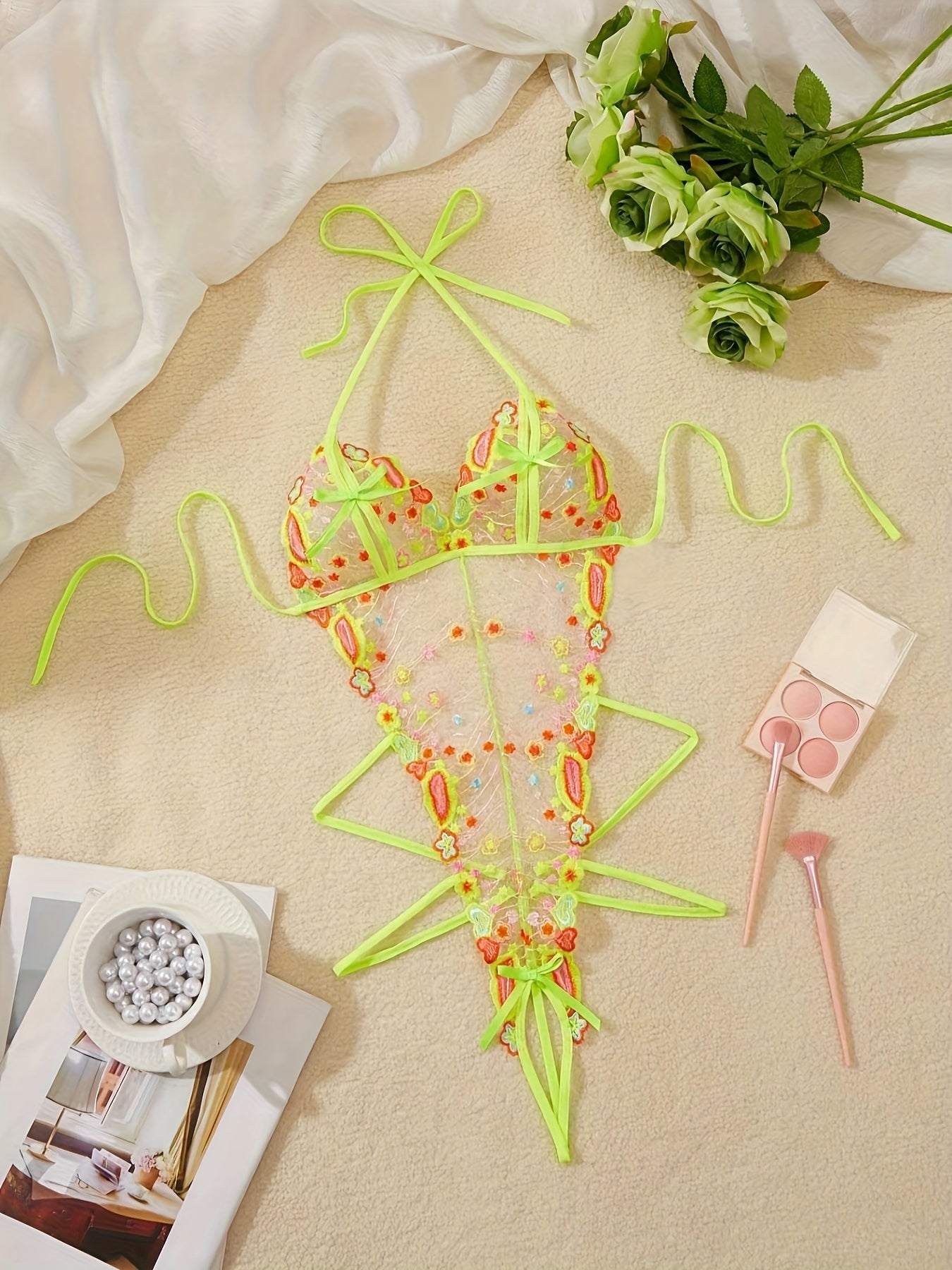 Women's Floral Embroidery Mesh Teddy with Cut Out Halter Backless Lingerie