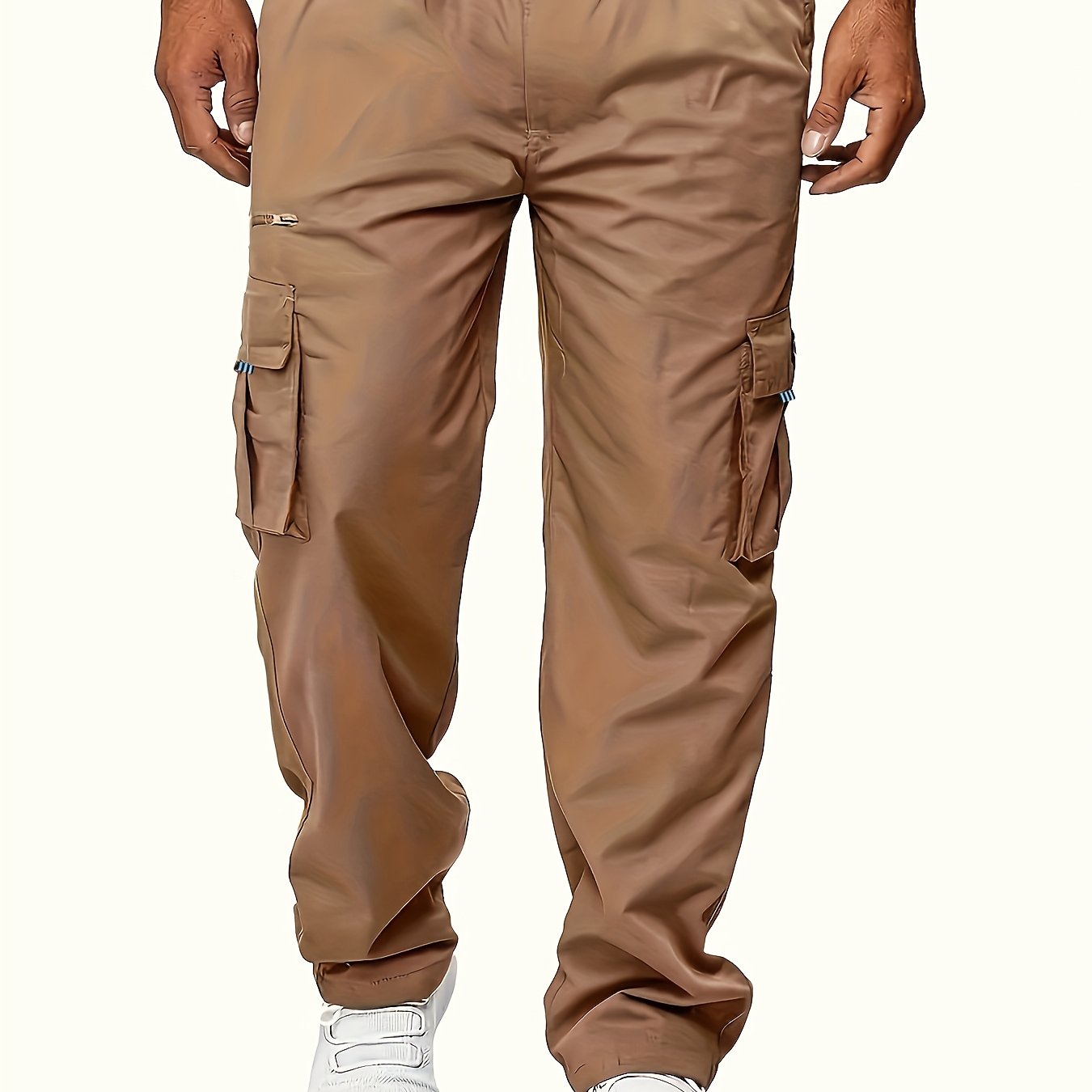 Plus Size Men Cargo Pants Loose Fit Solid Polyester Casual Spring Fall