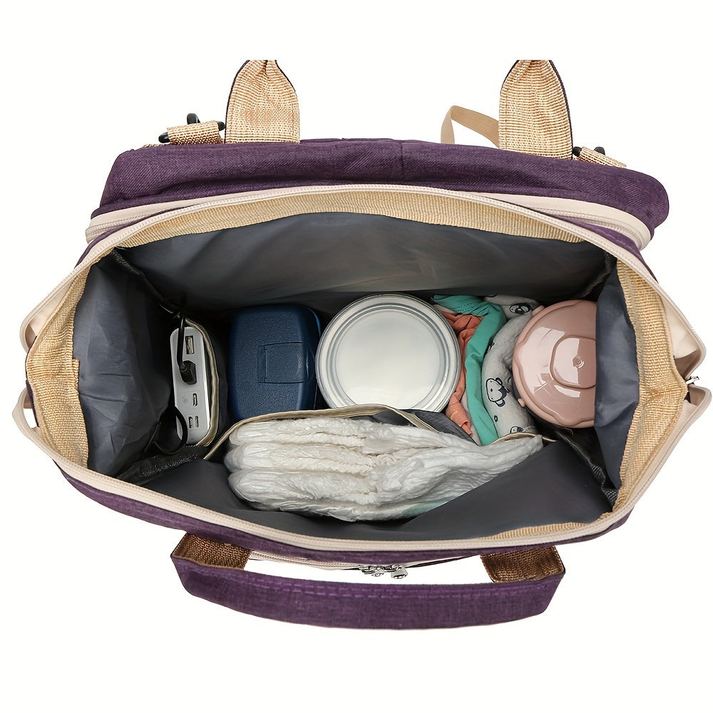 Gray Nylon Diaper Backpack with Insulated Bottle Pocket Charging Port and Mesh Side Pocket Spacious Travel Organizer