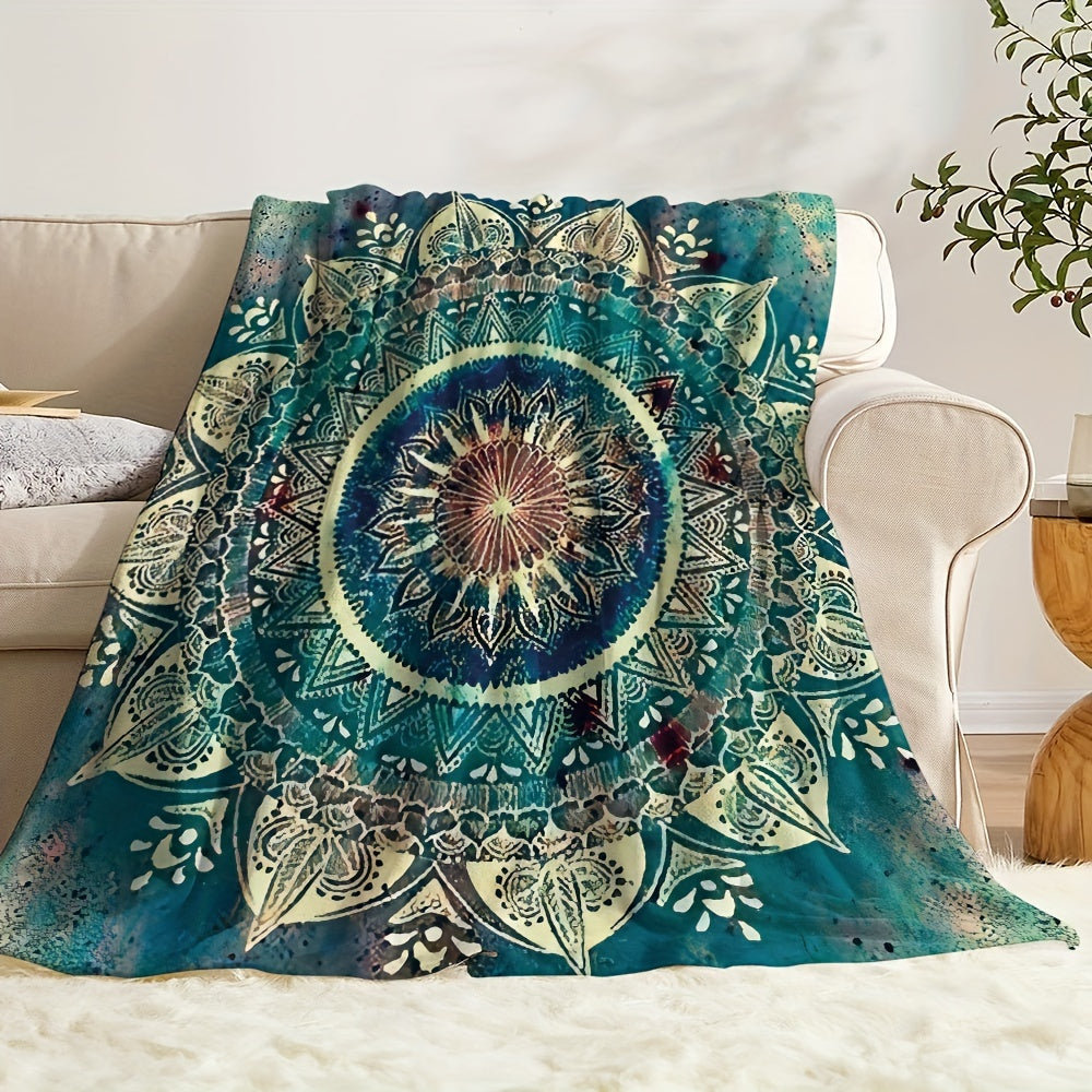 Bohemian Style Mandala Fleece Blanket Soft Polyester Vibrant Blue Green Yellow for Sofa Bedding Napping