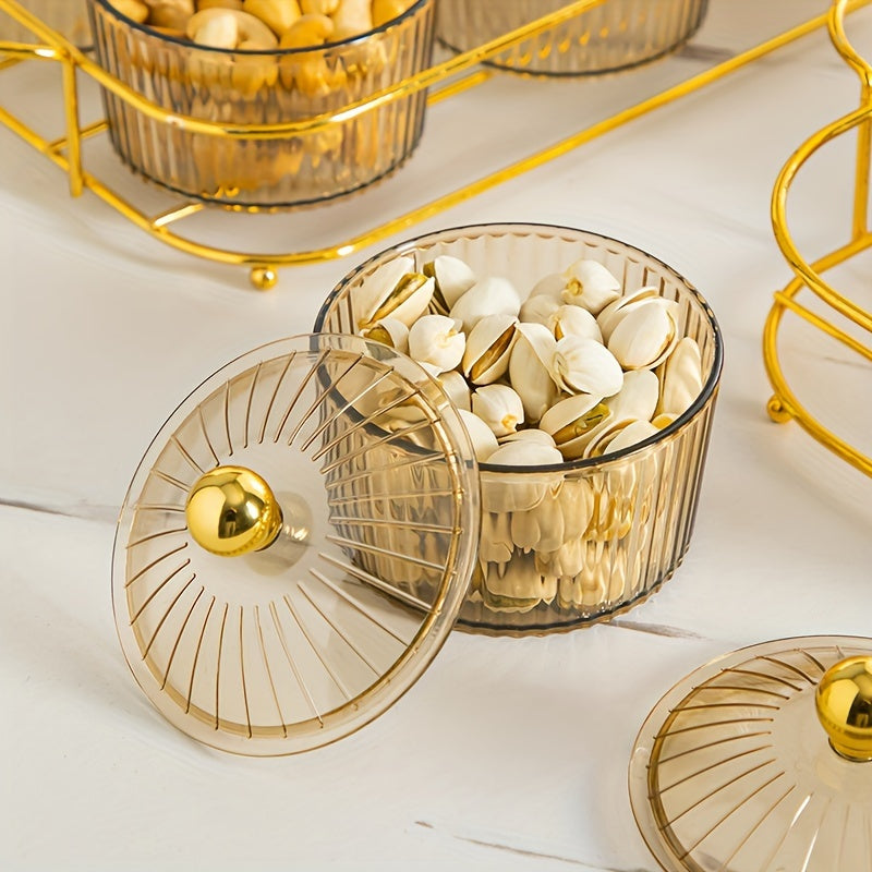 Elegant Plastic Snack Serving Set with Lids on Gold Tray for Dried Fruits and Candies