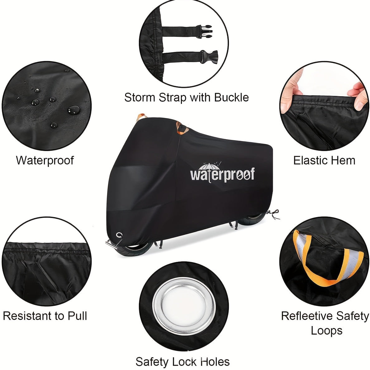 Mototsikl qoplami, suv o'tkazmaydigan, barcha mavsum uchun, 210D polyester, reflektiv kamarlar bilan