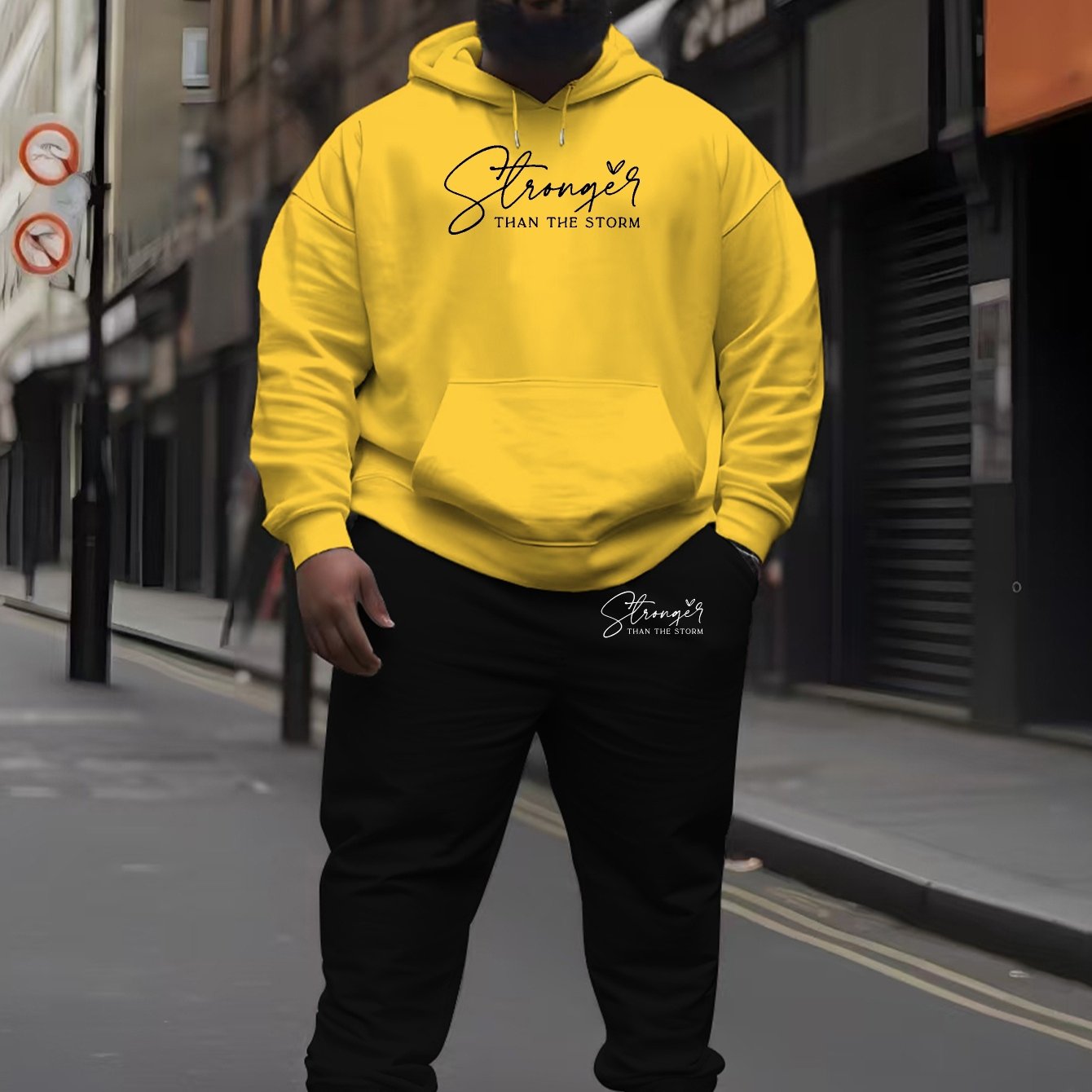 Men's Casual Hoodie Set with "Than The Storm" Print 100% Polyester Knit Fabric Regular Fit