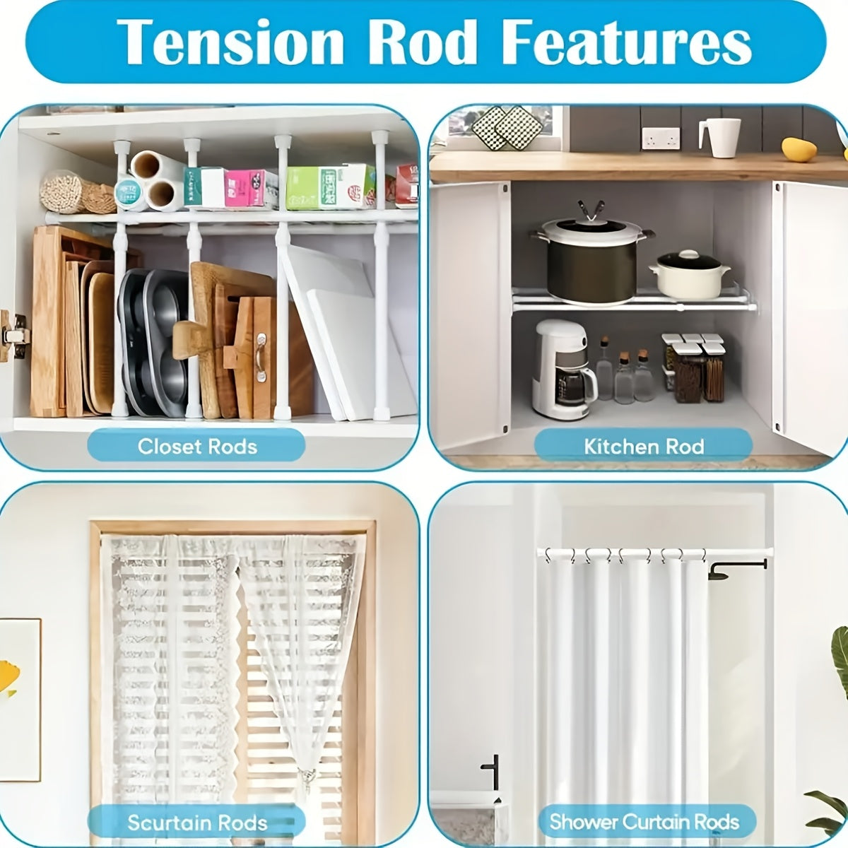 Adjustable Alloy Shower Rod No Drill Extendable from 99cm to 191cm Bathroom Closet Kitchen