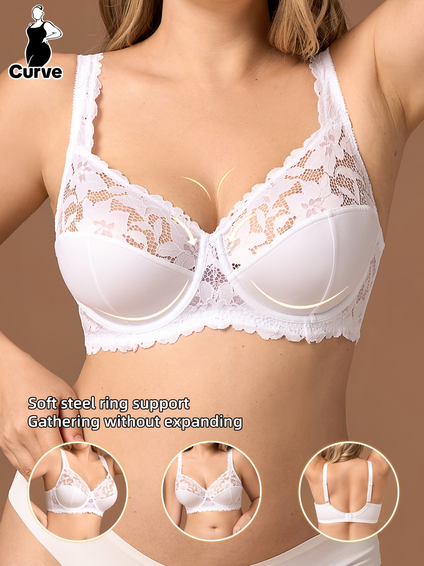 Sujetador bralette de encaje de talla grande sin aros, soporte, punto de estiramiento medio, color sólido