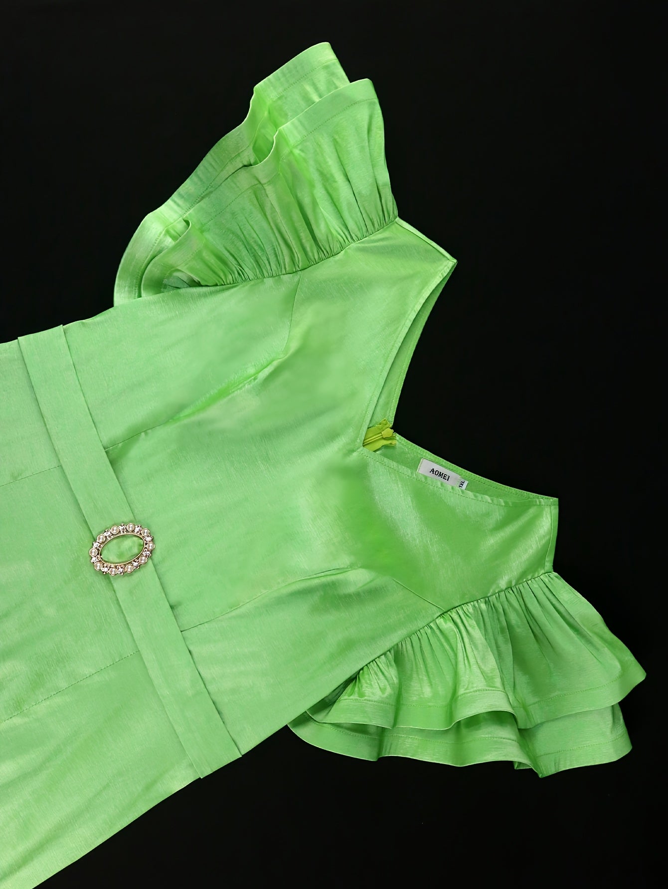 Women's Emerald Green Bodycon Dress V-Neck Ruffle Sleeves Adjustable Belt