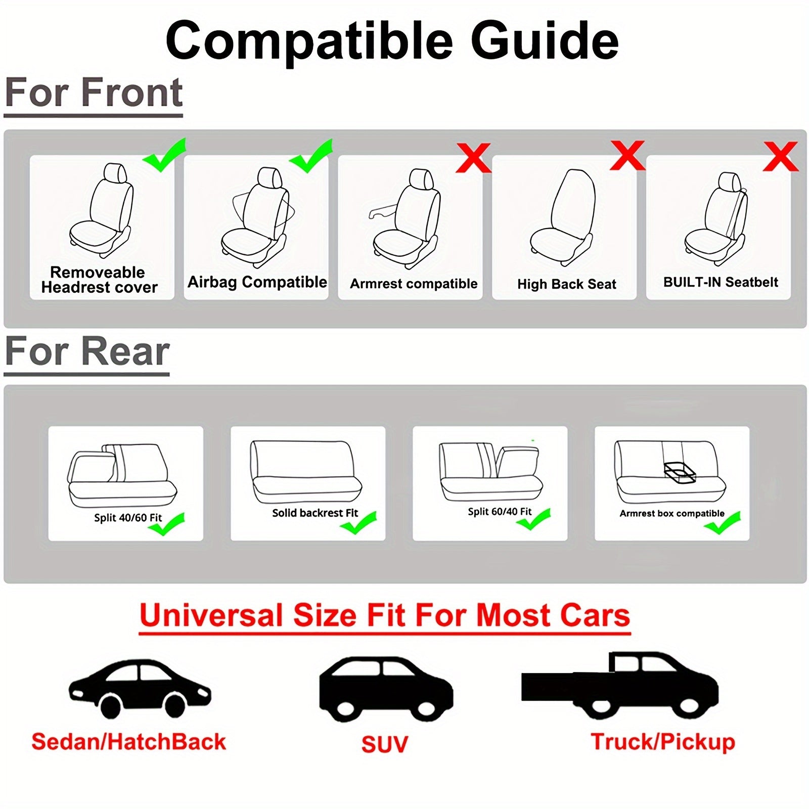 Futbol naqshli asalari to'plami bilan tikilgan polyester avtomobil o'rindiqlari qoplamalari, ko'pchilik transport vositalari uchun mos keladi.