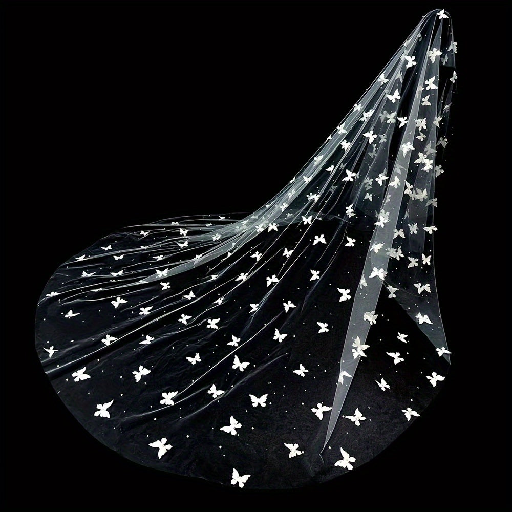 Handcrafted Bridal Veil with Butterflies and Pearls Romantic Yarn Forest-Inspired Wedding Accessory