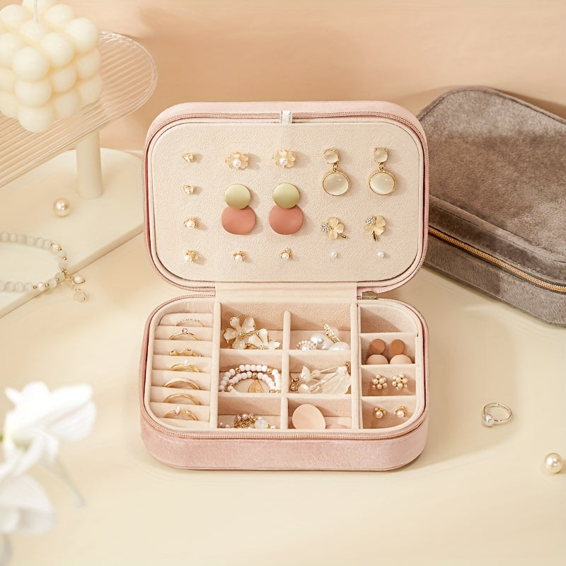Organizador de joyas de terciopelo con cremallera, estuche de viaje con almacenamiento de tres niveles para pendientes, collares, anillos y relojes